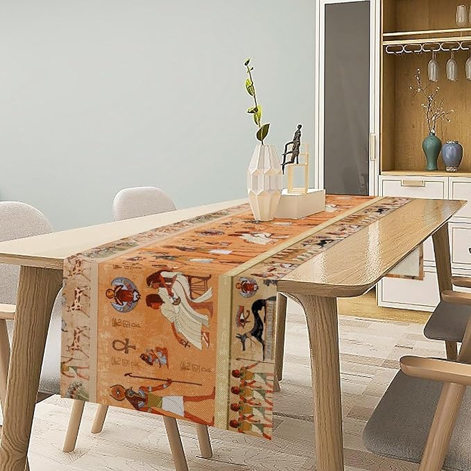 Ancient Table Runner, Mythology Egyptian Gods Pharaohs Antique Golden Hieroglyphs Print Pattern Table Runner for Dining Bedroom Kitchen Party Outdoor 13x70in