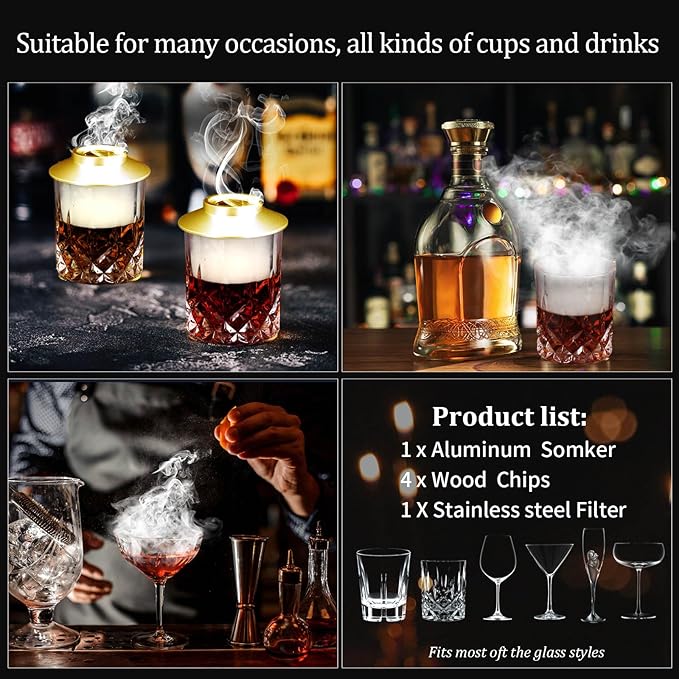 Cocktail Smoker Kit, AOKE Golden Metallic Whiskey Smoker Kit with 4 Flavors Wood Chips for Whiskey and Bourbon, Old Fashioned Smoker kit for Enhancing Drink Flavors, Whiskey Gifts for Men (no Torch)