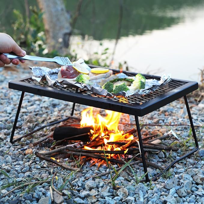 17" Folding Campfire Grill Grate, Portable Heavy Duty Steel Over Fire Camp Grill for Outdoor Camping Cooking Fire Pit, Black