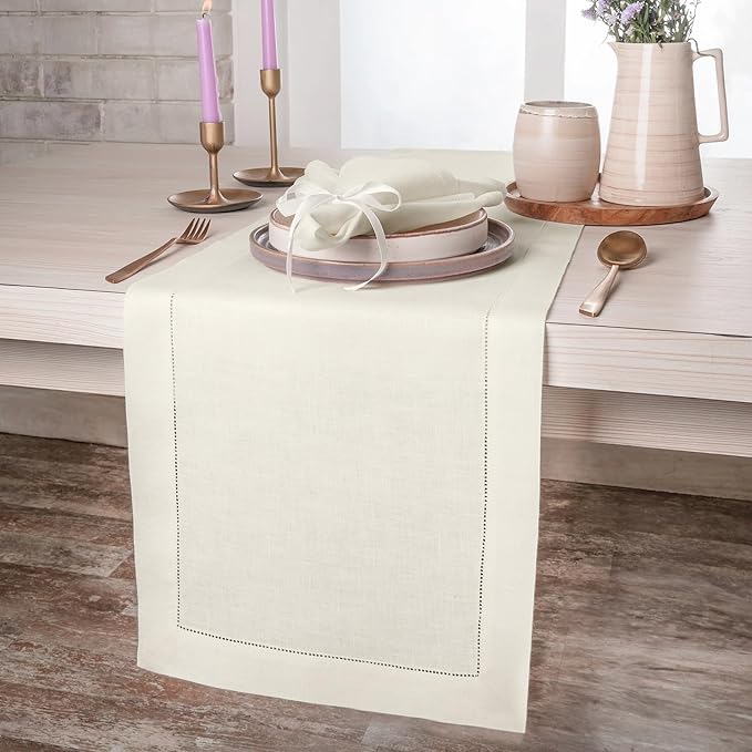 D'Moksha Homes Linen Ivory Table Runner 120 Inches Long - 100% Pure Linen Hemstitch 14 x 120 Inch Table Runner for Dining, Valentines, Spring, Easter - Classic Hemstitch