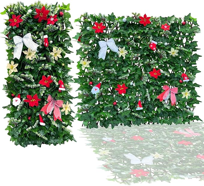 Expandable Fence Privacy Screen for Balcony Patio Outdoor,Decorative Faux Ivy Fencing Panel,Artificial Hedges (Single Sided Leaves) (4, Christmas-Ivy)