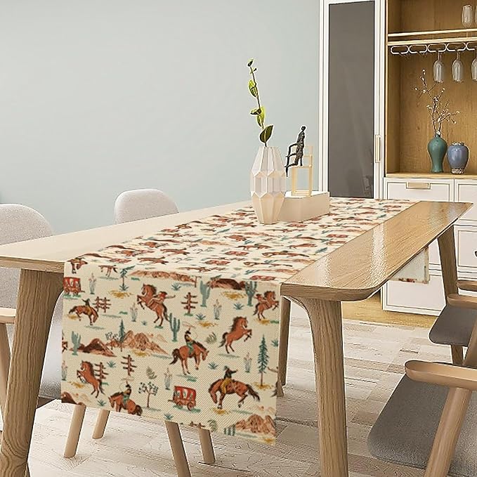 Western Cowboy Table Runner,Vintage Farmhouse Country Cowboy Horse Cactus Desert Print Table Runner for Kitchen Dining Table Holiday Home Party Decor 13x70in