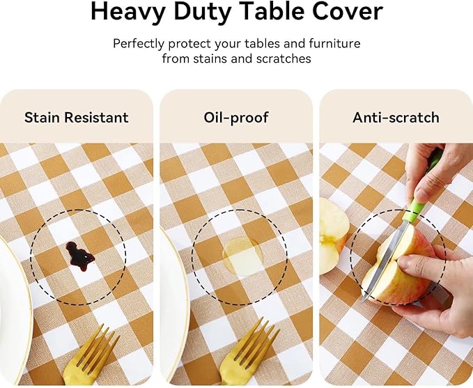 Romanstile Square Vinyl Tablecloth, 100% Waterproof Buffalo Gingham Plastic Table Cloth, Heavy Duty Wipeable Checkered Table Covers for Outdoor, Camping, Picnic, Patio - 60 x 60, Coffee and White