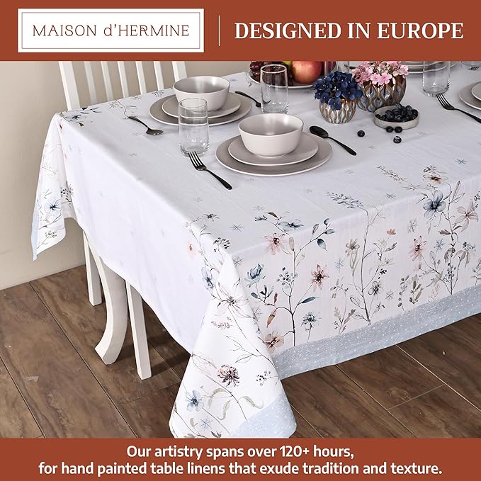 Maison d' Hermine Table Cloth Rectangle Table 100% Cotton 60 x 120 Inches Fall Tablecloth Reusable Everyday Use for Thanksgiving Christmas Decorations Dining Farmhouse Party (Ice Florals)