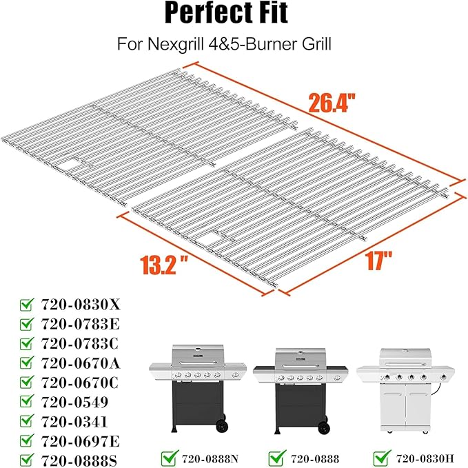 Hisencn Grill Parts for Home Depot Nexgrill 4 Burner 720-0830H, 720-0830D, 720-0783E Gas Grill Models, 304 Stainless Steel Grill Burner, Heat Plate, Cooking Grates Grill Replacement Kit