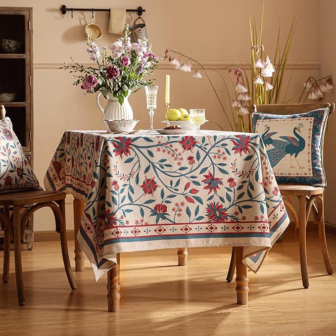 Designer Linen Long Rectangle Tablecloth,Vintage William Morris Wrinkle Resistant Floral Table Cloth,Decor Table Cover for Kitchen,Dining,Thanksgiving,Christmas,63"*94"-Dorodango B