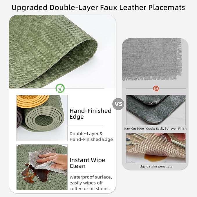Faux Leather Placemats Set of 6 – 17x12 Inch Vinyl Table Mats, Heat Resistant, Non Slip, Wipeable & Washable, Easy to Clean Dining Table Decor for Kitchen & Dining Room（Olive Green）