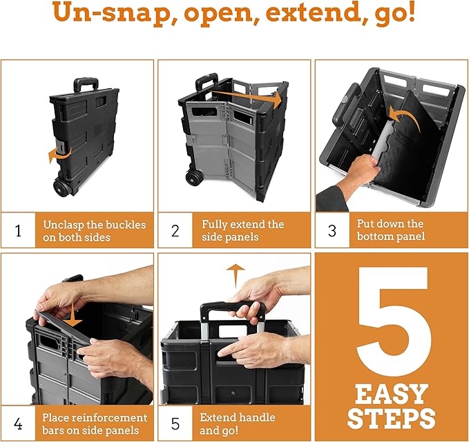 Inspired Living Ultra-Slim Rolling Collapsible Storage Pack-N-Roll Utility-carts, with Telescopic Handle, for Home, Garden, Shopping, Office, School use, Medium, Grey & Black