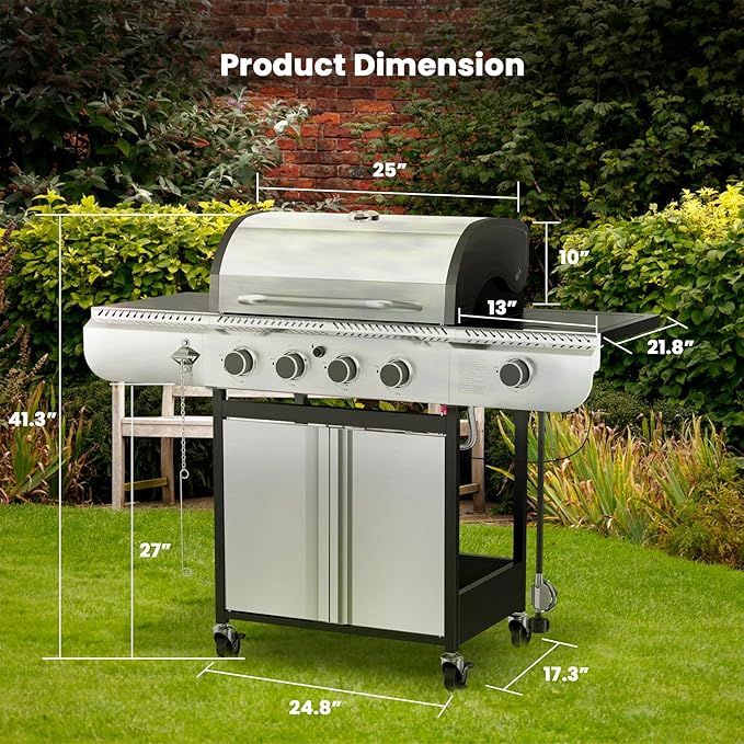 G41 Gas Grill,4-Burner Gas BBQ Grill with Side Burner, Porcelain-Enameled Grills, 42,000 BTU Stainless Steel Propane Grill for Outdoor Cooking and Patio Barbecues