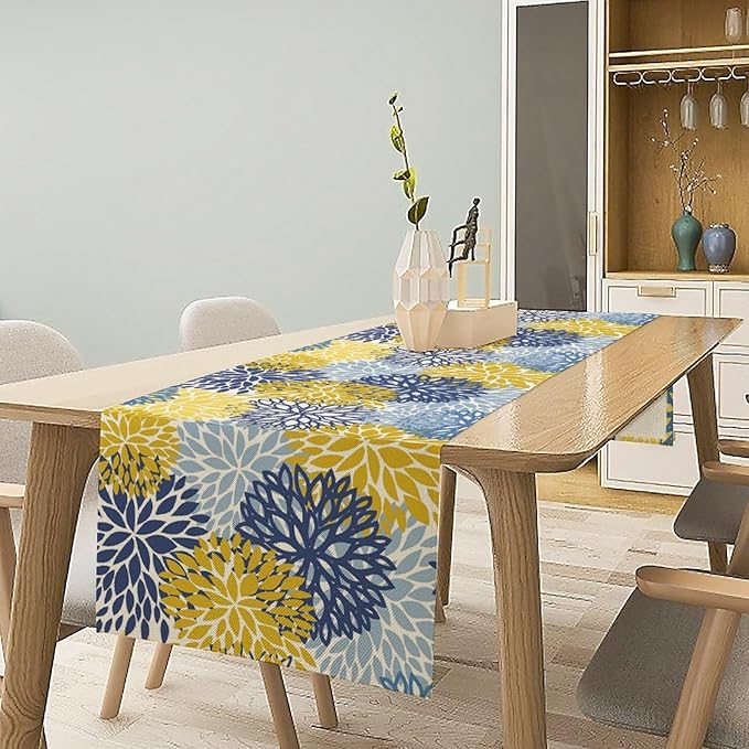 Dahlia Flower Table Runner,Blue Yellow Floral Print Table Runner for Kitchen Dining Table Dinner Holiday Home Party Indoor Outdoor Decor 13x36in