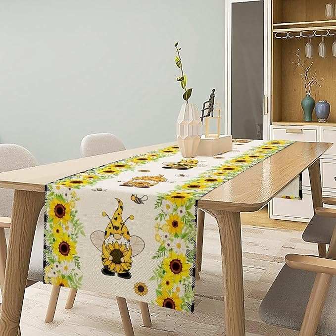 Summer Sunflower Gnome Table Runner, Buffalo Plaid Bee Farmhouse Seasonal Table Decoration for Outdoor Home Party Kitchen Dining Holiday 13x60in