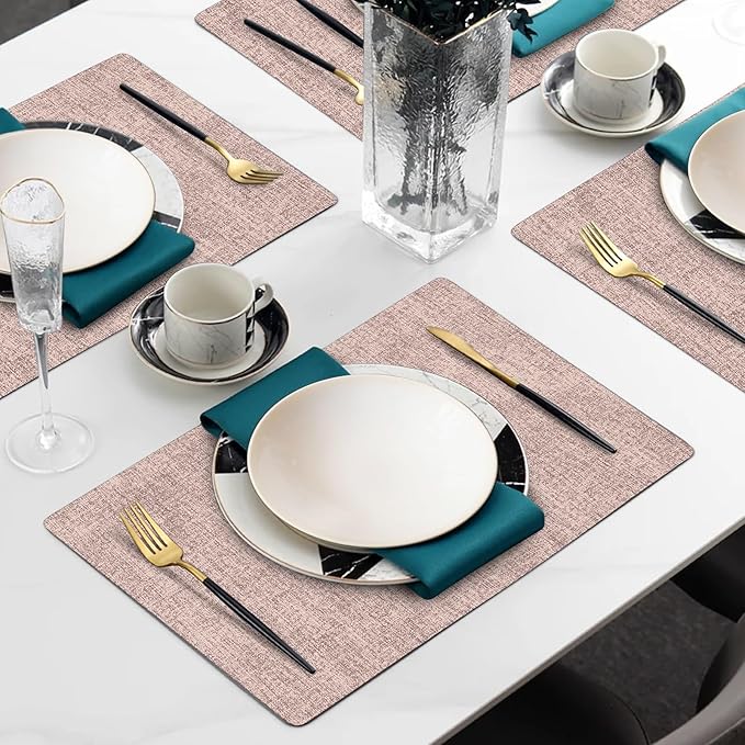 Faux Leather Heat Resistant Placemats Set of 6 – Waterproof Oilproof Wipeable Dining PU Place Mat Easy Clean Table Mats for Kitchen/Dining/Party/Holiday, Pink