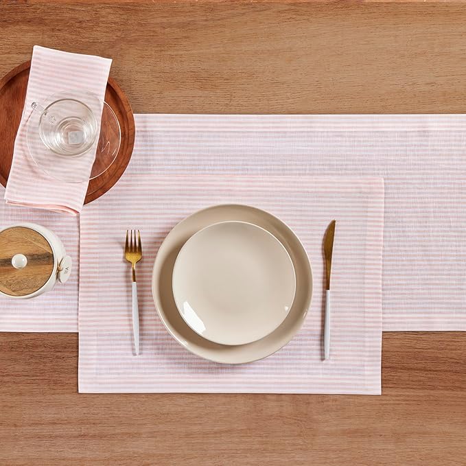 Solino Home Linen Striped Table Runner 36 Inches - Narrow Stripe, 100% Pure Linen Peach and White Small Table Runner 14 x 36 Inch Ideal for Dresser and Coffee Tables, Valentines, Spring, Easter