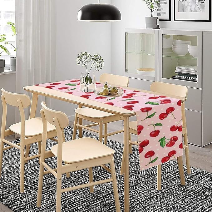 Red Cherry Table Runner, Tropical Fruit Polka Dot Print Table Runner for Birthday Party Dining Room Home Kitchen 13x60in