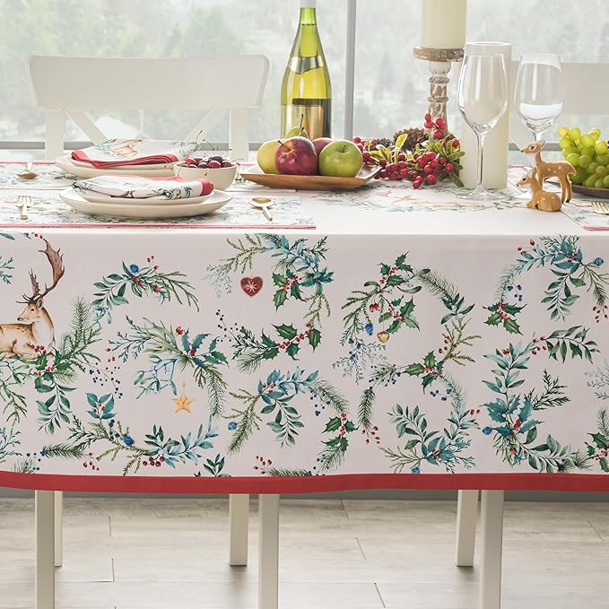 Maison d' Hermine Table Cloth Square Table 100% Cotton 54 x 54 Inches Fall Tablecloth Reusable Everyday Use for Thanksgiving Christmas Decorations Dining Farmhouse Party (Holly Time)