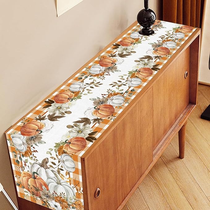 Fall Table Runner, Farmhouse Autumn Pumpkin Harvest Orange Buffalo Plaid Thanksgiving Rustic Coffee Table Center Decor for Home Kitchen Dining Patio Holiday Party Indoor Outdoor, 13"x72" Inch