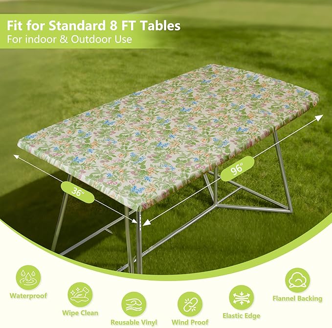 Rectangle Picnic Table Cloth, Elastic Waterproof Fitted Vinyl Tablecloths for 8 Foot Tables, Wipeable Flannel Backed Table Covers for Dining, Camping, Outdoor(Mulberry,36"x96")