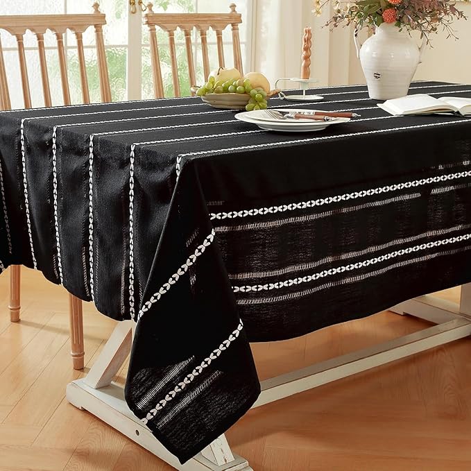 Chassic 60 x 104 inches Farmhouse Style Linen tablecloths, Wrinkle Resistant Washable Dining Room Table Cloths for 6 Foot Rectangle Tables - Hemstitch Black