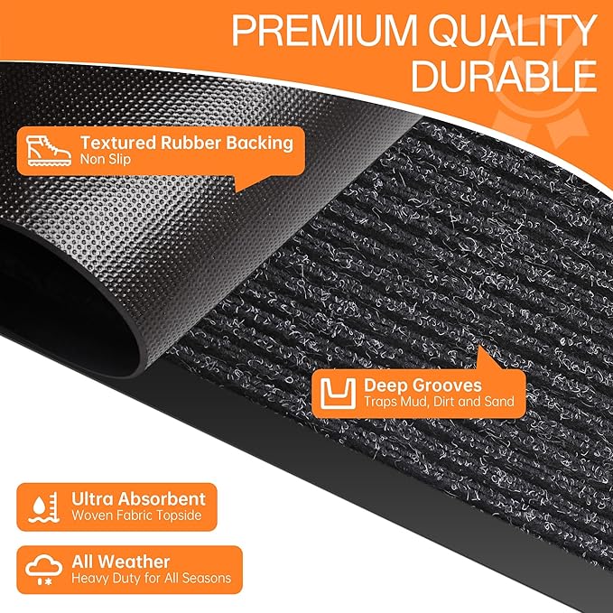 Indoor Outdoor Door Mat, 10' x 3' Doormat for Entryway, Rubber Backing Non Slip Front Door Mat Outside Entrance, Super Absorbent Commercial Floor Mat for Home Office, Black