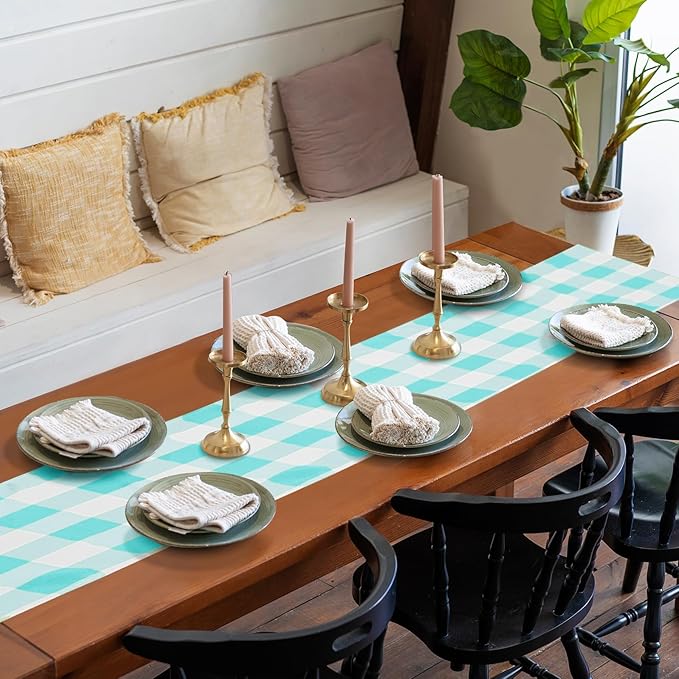 Fabric Checkered Table Runner 12 Pack Waterproof Gingham Table Runner 14W x 108L Buffalo Check Table Runners for Parties Kitchen Dining Wedding Banquet (Aqua and White)