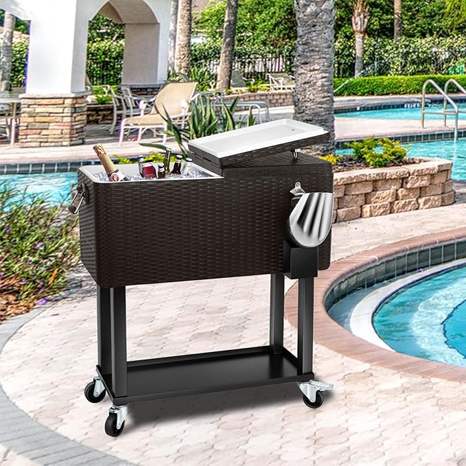 EDOSTORY 80 Quart Rolling Ice Chest Cooler Cart,Patio Backyard Party Drink Beverage Bar Stand Up Cooler Trolley with Ice Scoop
