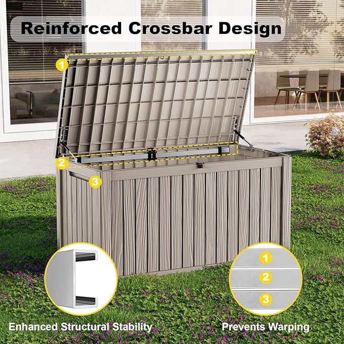 EasyUp 200 Gallon Outdoor Storage Box Waterproof, Lockable Resin Deck Box UV Resistant with Hydraulic Rod, Reinforced Stability for Patio, Garden, and Pool, Striped Gray