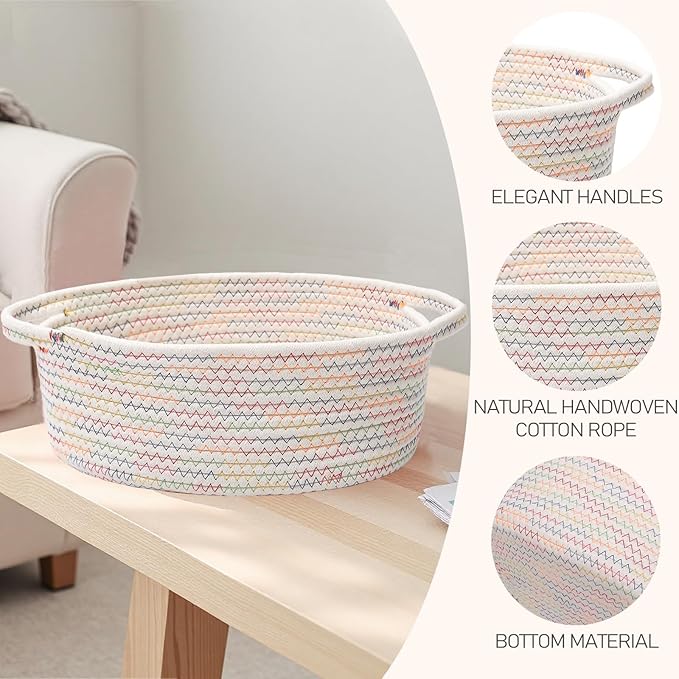 Woven Basket,Small Rope Storage Bin with Handles & Ribbon Bag, Organizer for Shelves Closets,Gift Basket Empty for Birthday,Books,Dog Toys, Colorful/3 Pack