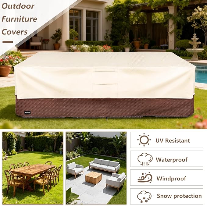 Rectangular Patio Furniture Covers,Upgraded 600D Heavy Duty Outdoor Furniture Covers Waterproof,Outdoor Sectional Dining Table and Chairs General Purpose Furniture Set Cover,126"L × 74"W × 28"H,Beige