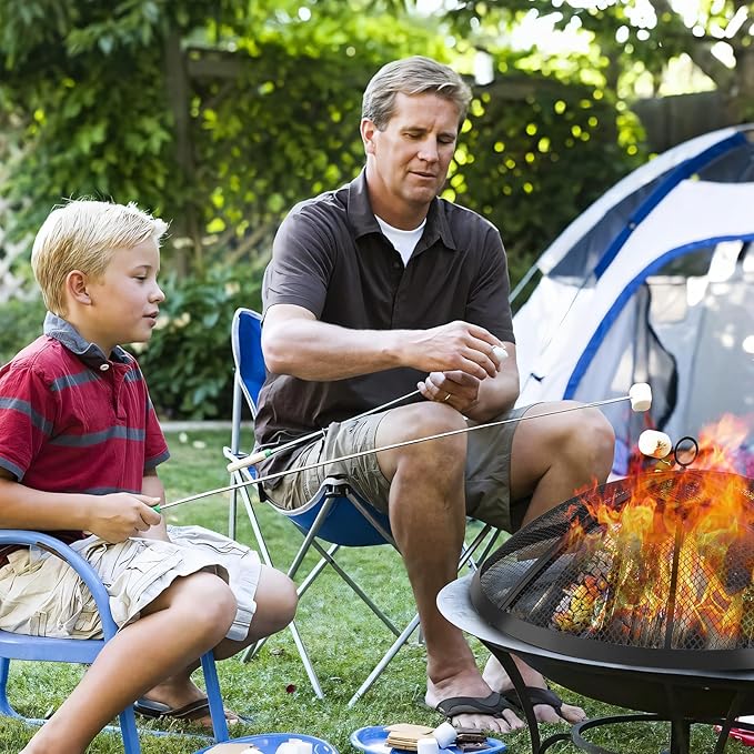 Fire Pit Spark Screen, Outdoor 36 Inch Round Fire Pit Screen with Foldable Hook and Marshmallow Sticks, Heavy Duty Steel Mesh Fire Pit Cover for Backyard, Beach, RV Camping