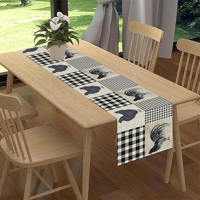 Farmhouse Rooster Table Runner, Vintage Rooster Retro Farmhouse Country Chicken Buffalo Checked Coffee Table Center Decor for Home Kitchen Dining Patio Holiday Party Table Decorations 13"x36"