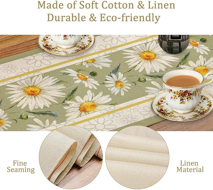 Daisy Flower Table Runner, Summer Watercolor Plants Floral Spring Garden Table Cover for Farmhouse Kitchen Dining Room Party Picnic Table Decor, 13x90inch