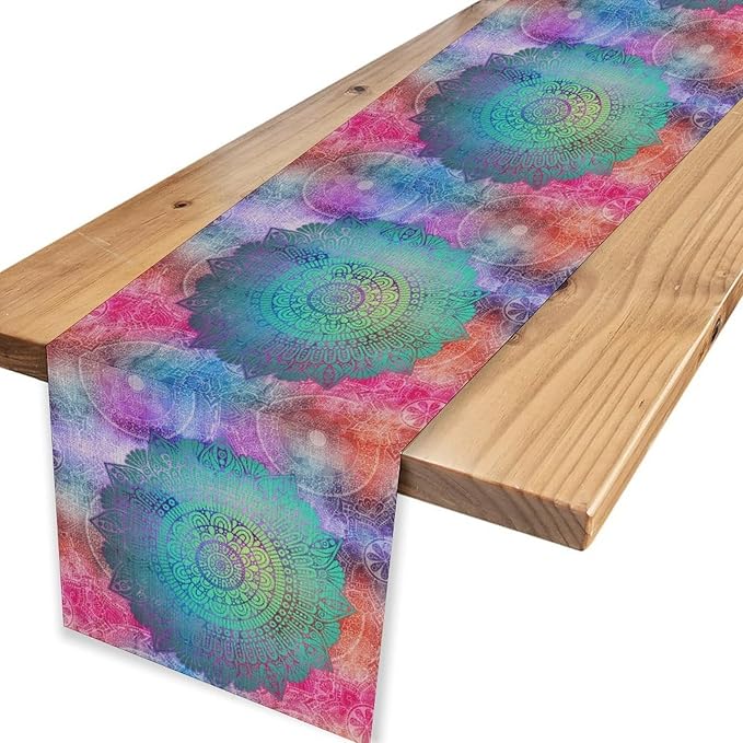 Bohemian Flroal Table Runner, Vintage Colorful Pink Boho Geometric Mandala Flower Paisley Rustic Coffee Table Center Decor for Family Kitchen and Living Room Outdoor Table Decorations, 13"x90"