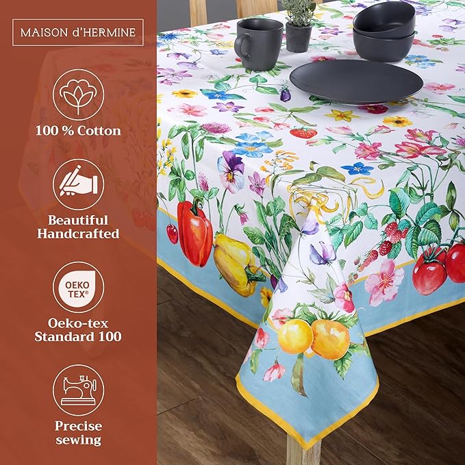 Maison d' Hermine Table Cloth Rectangle Table 100% Cotton 70 x 120 Inches Tablecloth Reusable Decorative Everyday Use for Dining Room, Farmhouse, Home, Party, Festive & Wedding Spring Summer - Giverny
