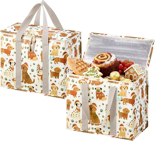 VENO 2 Pack Cooler Bag, Insulated Grocery Bags for Food Delivery, Collapsible Cooler, Reusable Shopping Bags for Groceries, Hard Bottom, Zippered, Foldable, Christmas Pattern (Holiday Pups, 2 Pack)