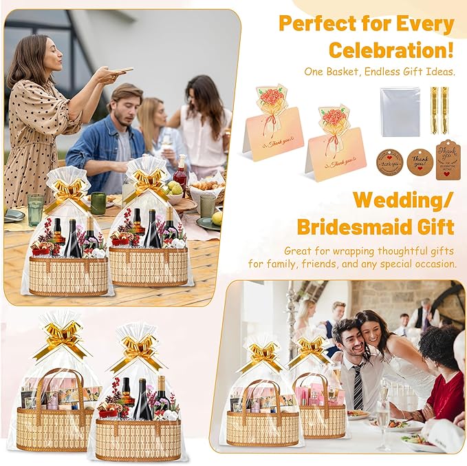 1 Set Baskets for Gifts Empty, Large Bamboo Gift Basket with Handle, Foldable Reusable Decorative Woven Basket for Christmas, Baby Shower, Mother's Day, Housewarming, Wedding