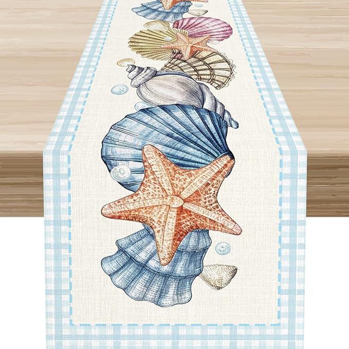 Summer Starfish Table Runner, Blue Check Sea Coastal Seashell Beach Nautical Starfish Ocean Table Runner Seasonal Holiday Home Kitchen Dining Table for Home Party Decor 13"x72"