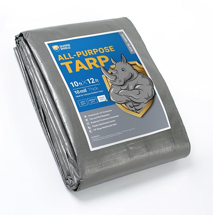 GUARD SHIELD Heavy Duty Tarp 10x12 Feet Silver/Black Multi Purpose Thick Waterproof Poly Tarp Cover 10mil