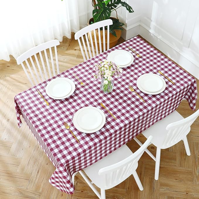 Romanstile Square Vinyl Tablecloth, 100% Waterproof Buffalo Gingham Plastic Table Cloth, Heavy Duty Wipeable Checkered Table Covers for Outdoor, Camping, Picnic, Patio - 54 x 54, Burgundy