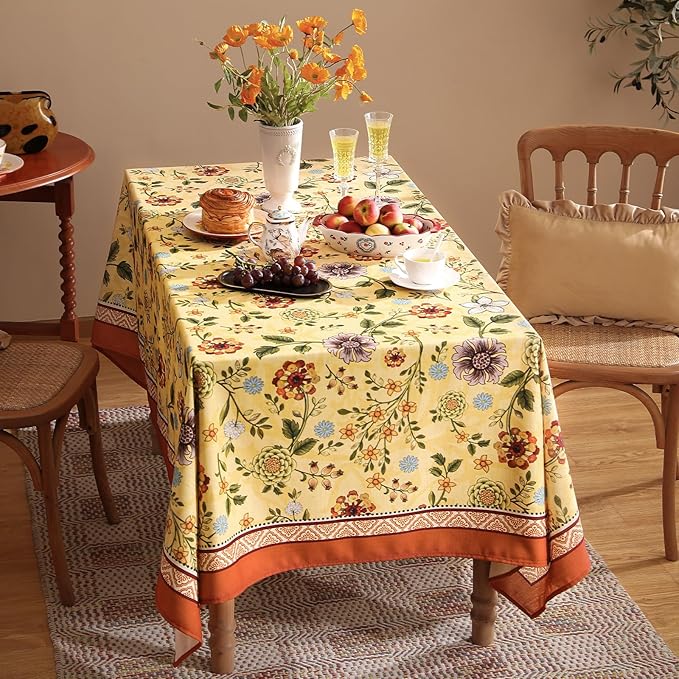 Vintage Linen Small Tablecloth for Square Table,Yellow Floral French Wrinkle Free Tablecloths,Decorative Table Cover for Kitchen,Dining,Thanksgiving,Farmhouse,55" × 55"-Bellano