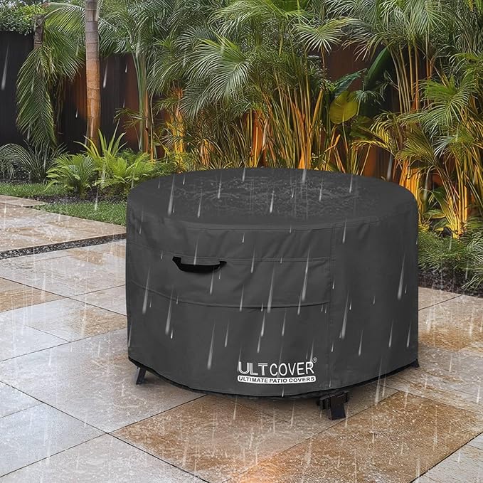 ULTCOVER Patio Fire Pit Table Cover Round 27 inch Outdoor Waterproof Fire Bowl Cover, Black