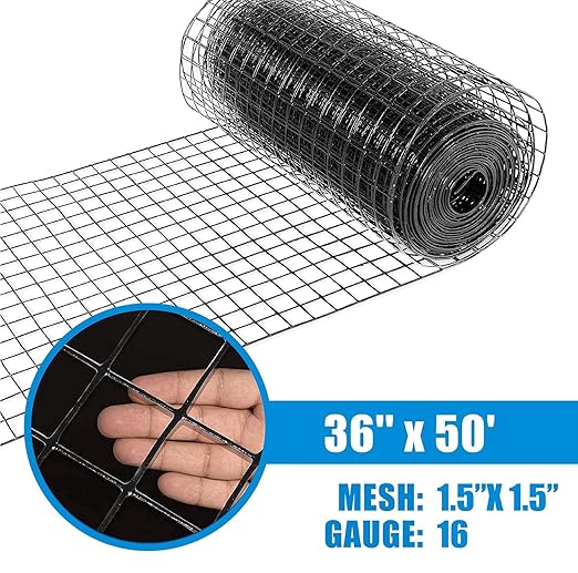 Fencer Wire 16 Gauge Hardware Cloth, Black Vinyl Coated Welded Wire Mesh, Chicken Coop Wire Fence, 1.5 inch x 1.5 inch Grid (3 ft. x 50 ft.)