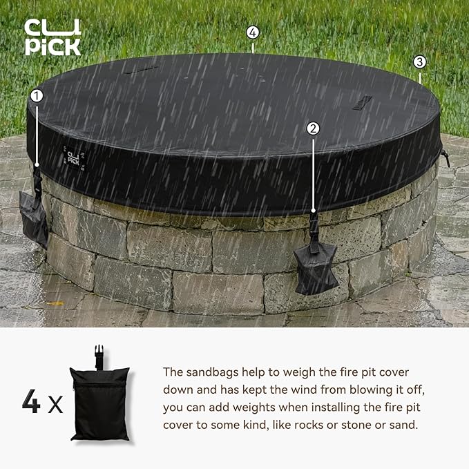 Outdoor Fire Pit Cover Round,In Ground Fire Pit Cover with Sandbag,Heavy Duty Waterproof Firepit Cover,Suitable for 56-60 Inch Round Built in Stone Firepits,Black