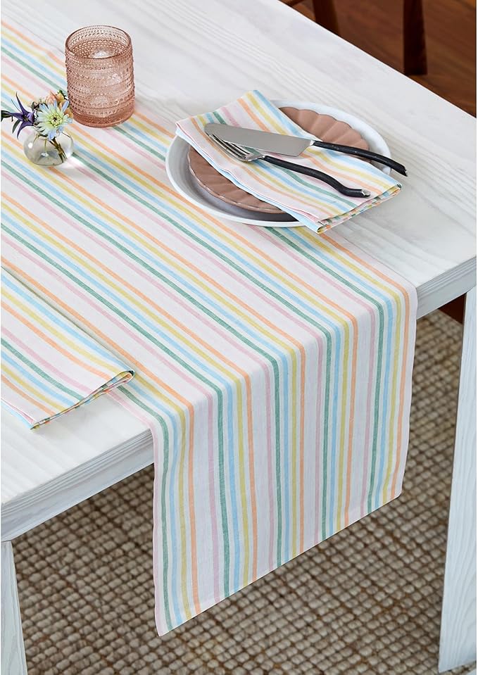 Solino Home Linen Table Runner 36 Inches - Julia 100% Pure Linen Multicolor Muted Pastel Stripe Table Runner 14 x 36 Inch Ideal for Dresser and Coffee Tables, Spring, Easter