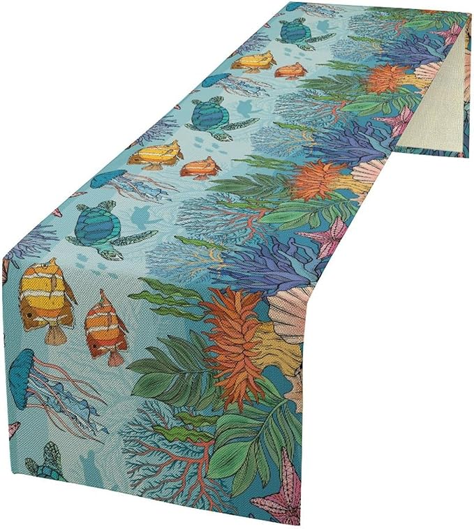 Coastal Table Runner, Ocean Nautical Coral Starfish Seashell Sea Turtle Table Runner for Dining Table Kitchen Party Picnic Home 13x70in
