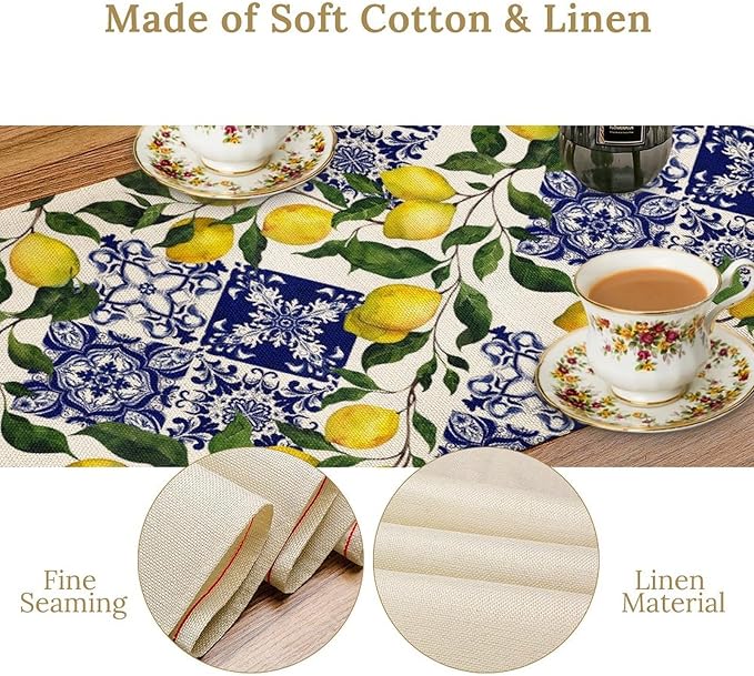 Lemon Fruit Nature Table Runner Farmhouse Talavera Ethnic Folk Rustic Watercolor Blue Dining Table Decoration for Home Holiday Party Dresser Kitchen Cabin Restaurant Wedding Decor 13×60in