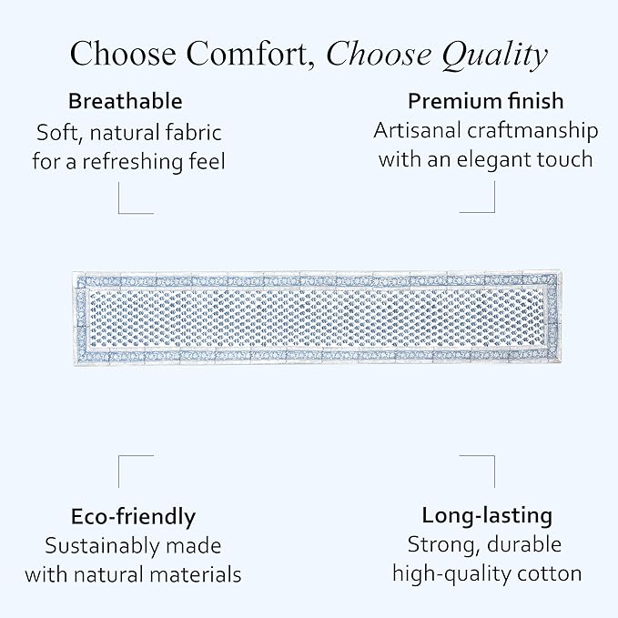 CPC Cotton Table Runner 16x60 Inch Block Printed Long Fall Table Runner for Dining Table, Card Table, Coffee Table, Wedding, Farmhouse & Outdoor Barbeque-Apatite Blue