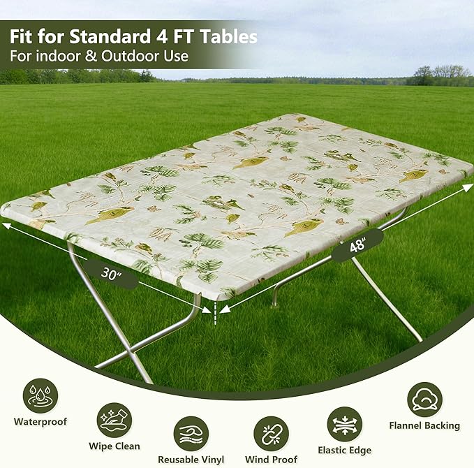 Rectangle Picnic Table Cloth, Elastic Waterproof Fitted Vinyl Tablecloths for 4 Foot Tables, Wipeable Flannel Backed Table Covers for Dining, Camping, Outdoor(Magpie,30"x48")