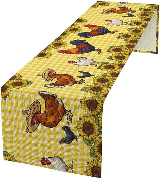 Farm Rooster Table Runner, Retro Western Farmhouse Chicken Sunflower Retro Yellow Buffalo Grid Print Table Runner for Dinning Holiday Party Indoor Outdoor Decor, 13x108inch