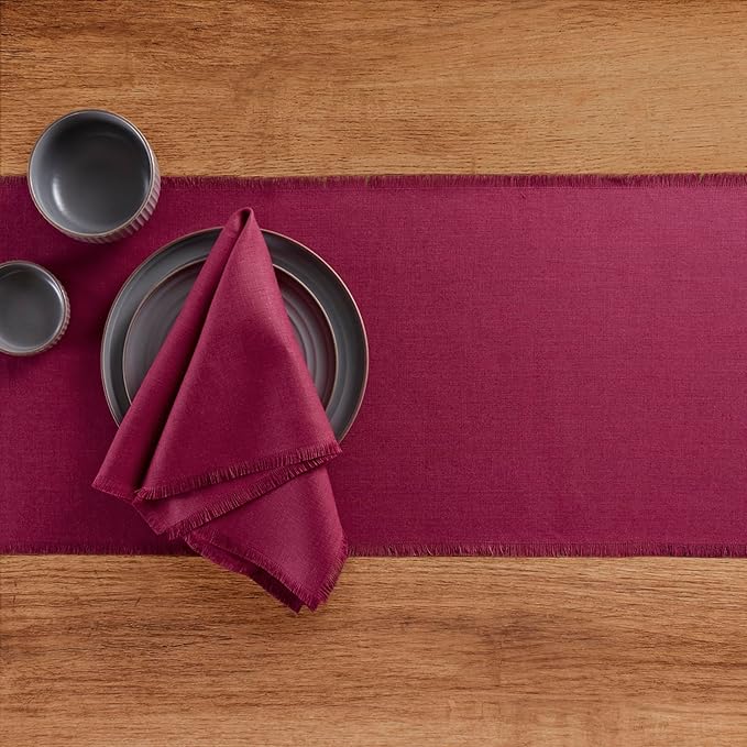 Solino Home Linen Beet Table Runner 72 Inches Long - Fringe, 100% Pure Linen Dining Table Runner 14 x 72 Inch for Valentines, Winter
