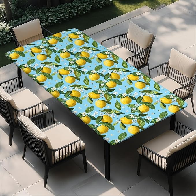 Rectangle Table Cloth Cover Waterproof Elastic Fitted Polyester Fitted Tablecloths for 8 Foot Tables for Indoor,Picnic, Camping, Outdoor （96" x 30"，Lemon）